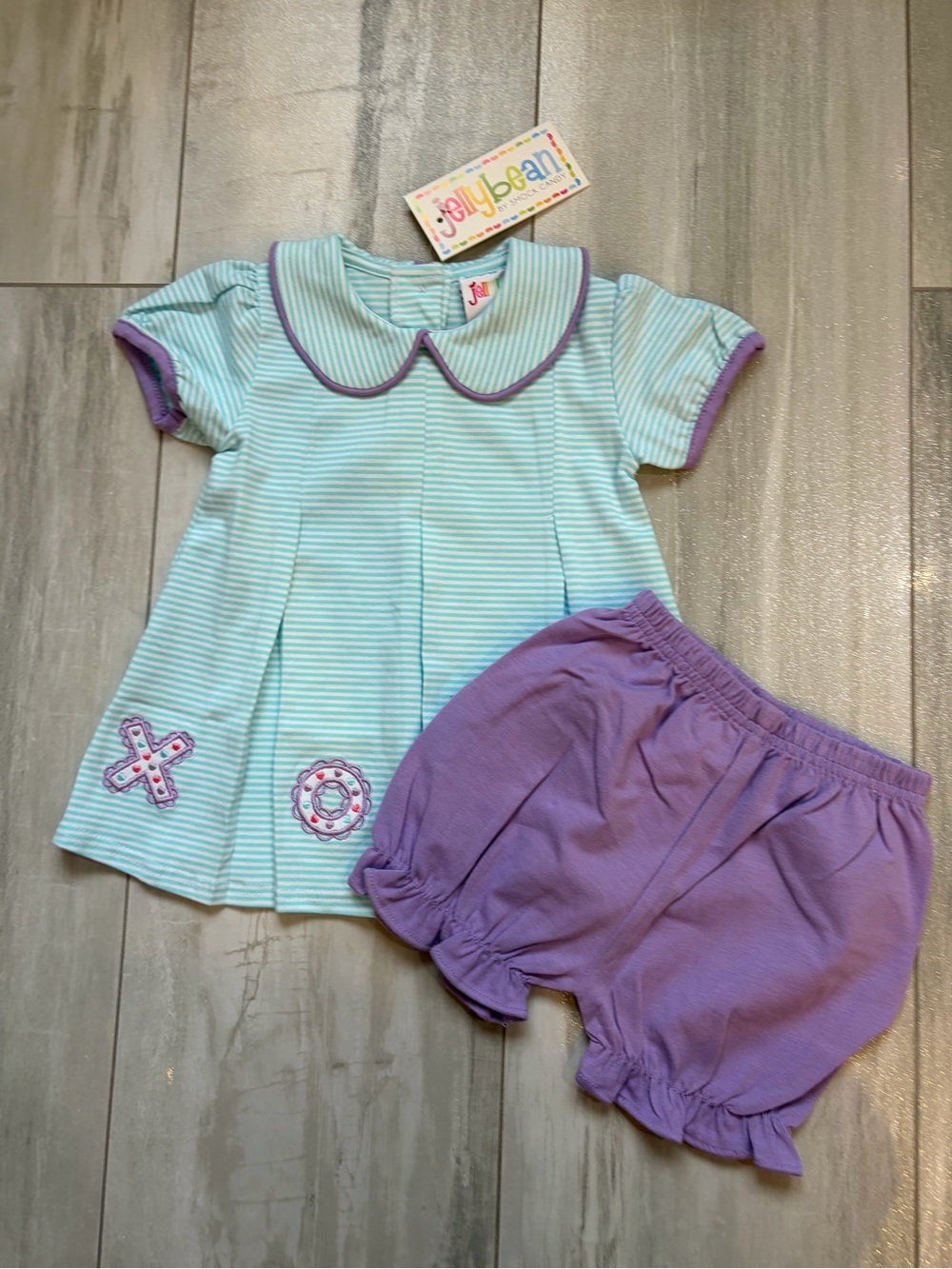 NWT JellyBean Purple & Aqua Stripe Embroidered Valentine XOXO Bloomer Set 12M